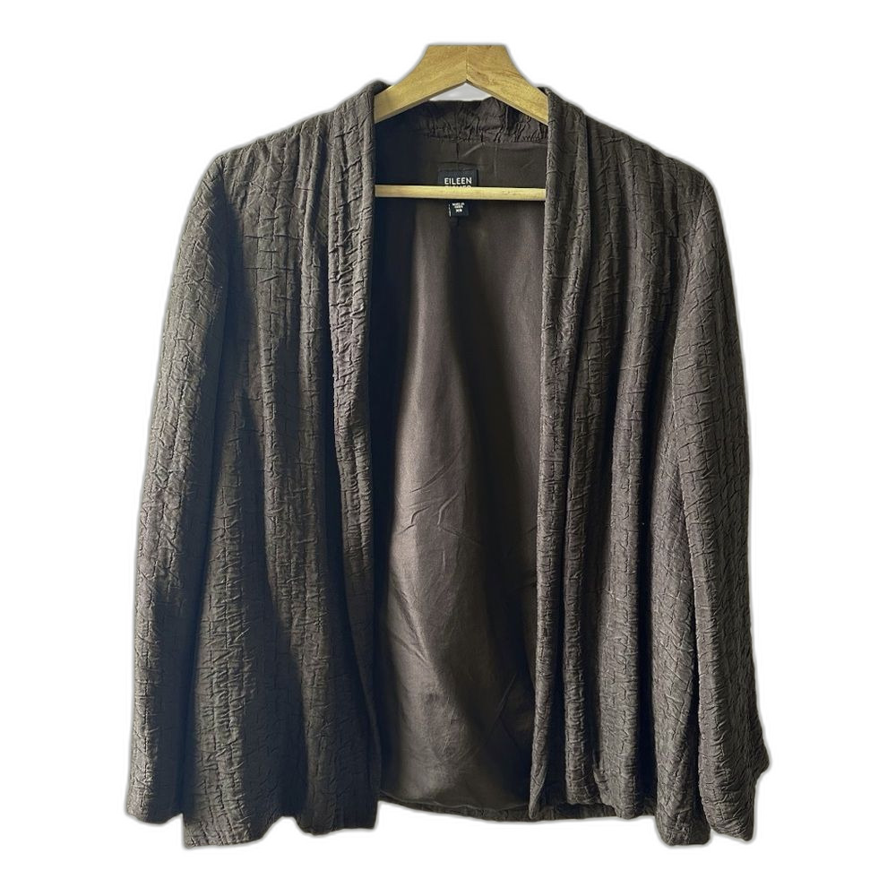 Eileen Fisher Brown Blazer XS Open-Front Silk Linen Gauze Cardigan designer lux